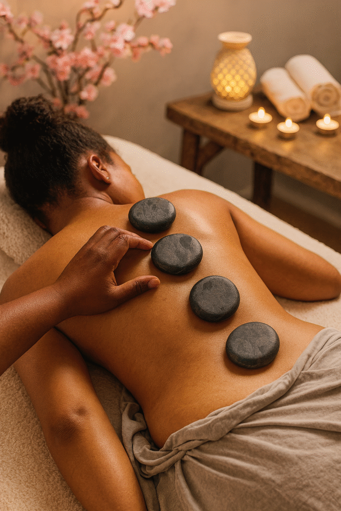 Séance de massage bien-être avec pierres chaudes pour détendre le corps