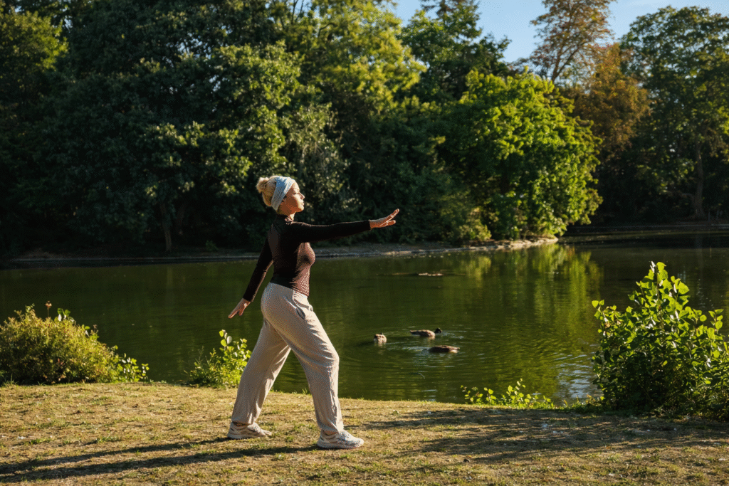 Pratique corporelle douce en extérieur, au bord de l’eau, dans un cadre naturel apaisant lors d’une retraite bien-être.