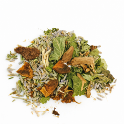 Mélange de plantes séchées pour infusion, composé de racine d’églantier, lavande, mélisse et badiane