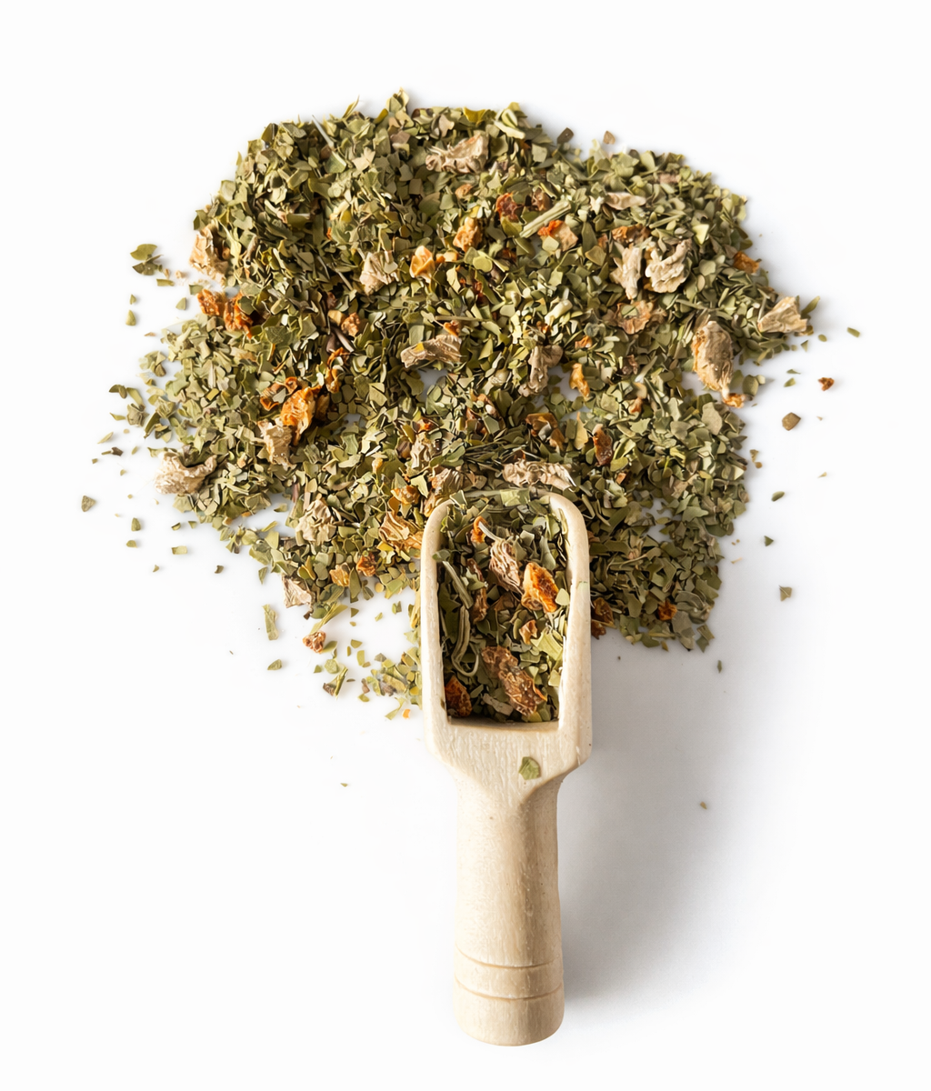 Infusion Vitalité Solaire composée de maté vert, gingembre et orange douce présentée en vrac