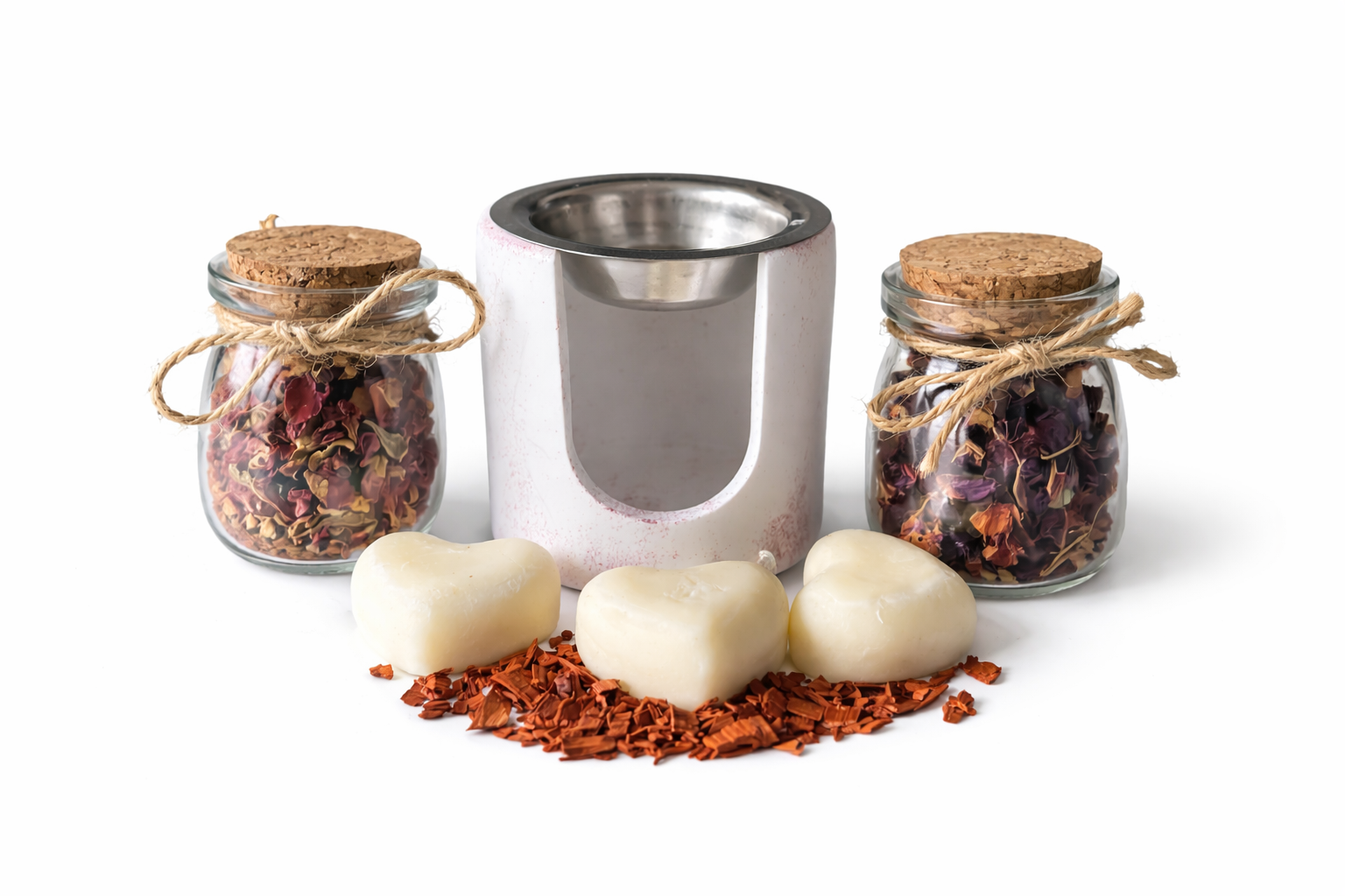 Coffret bien-être avec brûle-parfum, fondants parfumés en cire en forme de cœur et pots d’infusion artisanale sommeil