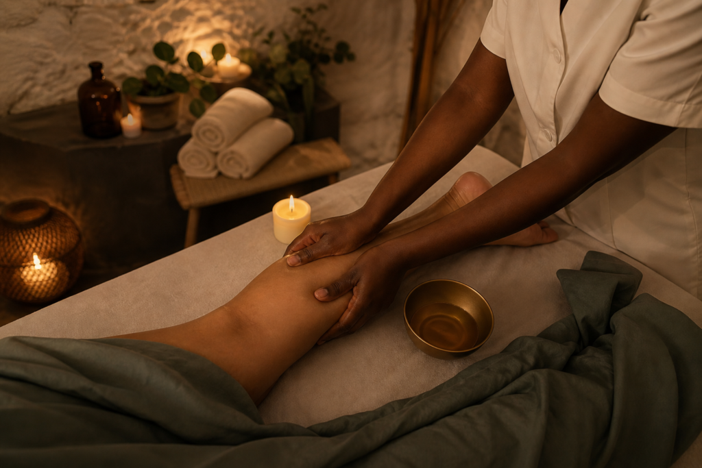 Massage relaxant avec bougie et huile dans une ambiance chaleureuse – rituel bien-être à Paris