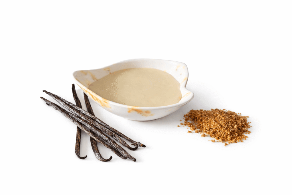 Fondant parfumé artisanal Origine Sacrée à la vanille, présenté dans une coupelle blanche avec gousses de vanille et sucre brun sur fond blanc.