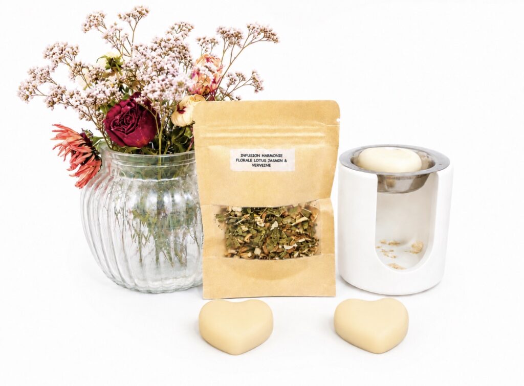 Coffret cadeau bien-être You-Zen avec infusion florale Lotus Jasmin Verveine, fondants parfumés en forme de cœur, brûleur artisanal et bouquet de fleurs sur fond blanc.