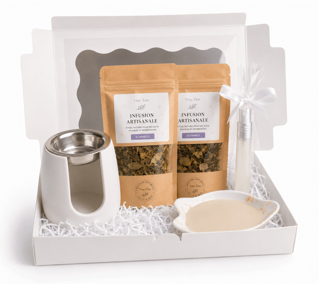 Coffret Sommeil You-Zen composé de deux infusions artisanales, d’une brume d’ambiance Lavande & Camomille, d’un brûleur blanc et d’un fondant parfumé. Présentation élégante en coffret cadeau blanc.